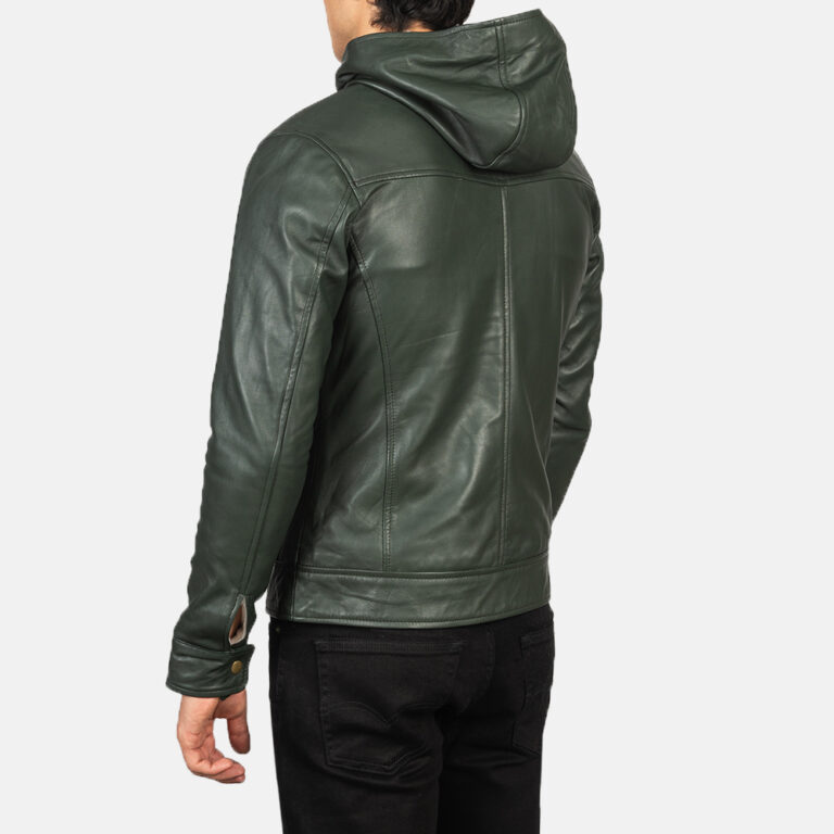 Mens Baston Green Hooded Leather Bomber Jacket Tilted Back-8-1634135614203